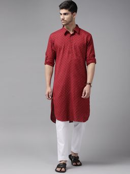 See Designs - Men Maroon Regular Pathani Printed Men's Kurta with White Salwar (Set of 2)
