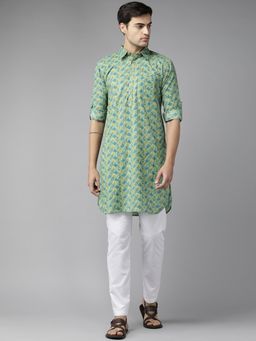 See Designs - Men Green Regular Pathani Printed Men's Kurta with White Salwar (Set of 2)