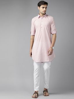 See Designs - Men Baby Pink Regular Pathani Printed Men's Kurta with White Salwar (Set of 2)