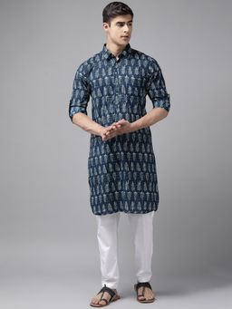 See Designs - Men Indigo Regular Pathani Printed Men's Kurta with White Salwar (Set of 2)