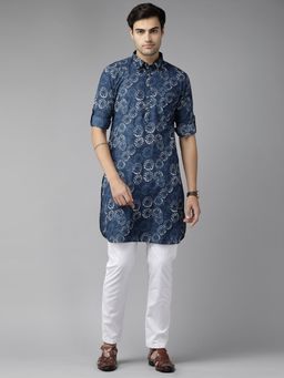 See Designs - Men Indigo Regular Pathani Printed Men's Kurta with White Salwar (Set of 2)