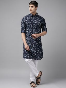 See Designs - Men Indigo Regular Pathani Printed Men's Kurta with White Salwar (Set of 2)