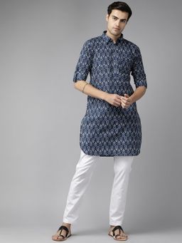 See Designs - Men Indigo Regular Pathani Printed Men's Kurta with White Salwar (Set of 2)