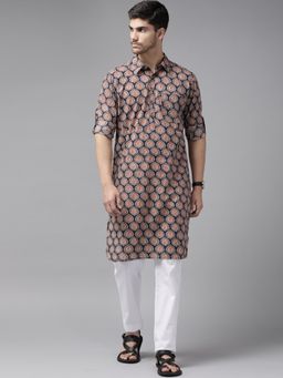 See Designs - Men Blue Regular Pathani Printed Men's Kurta with White Salwar (Set of 2)