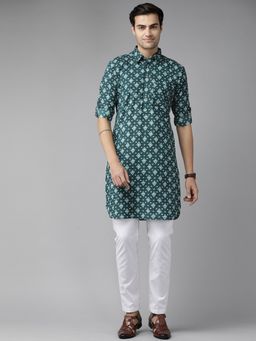 See Designs - Men Teal Blue Regular Pathani Printed Men's Kurta with White Salwar (Set of 2)