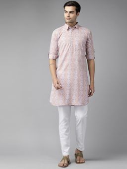 See Designs - Men Beige Regular Pathani Printed Men's Kurta with White Salwar (Set of 2)