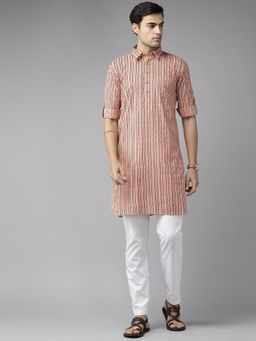 See Designs - Men Peach Regular Pathani Printed Men's Kurta