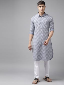 See Designs - Men Light Grey Regular Pathani Printed Men's Kurta with White Salwar (Set of 2)