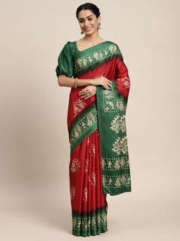 Odette - Manipuri Silk Red Printed Saree with Unstitched Blouse