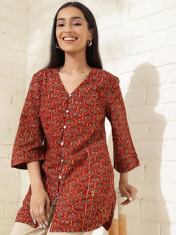 Fabindia - Red Cotton Printed V-Neck Tunic