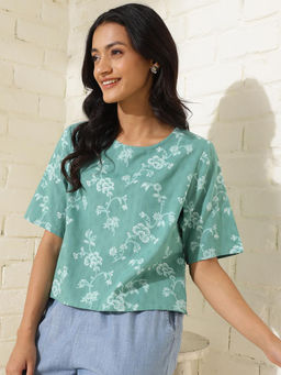 Fabindia - Green Cotton Printed Top
