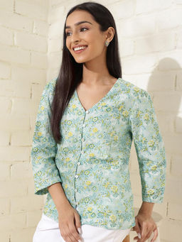 Fabindia - Blue Cotton Silk Printed Shirt