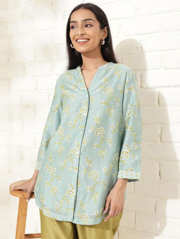 Fabindia - Blue Cotton Silk Printed Mandarin Neck Shirt