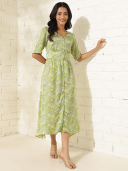 Fabindia - Green Viscose Printed Midi A-Line Dress