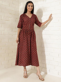 Fabindia - Red Cotton Printed Midi Dress