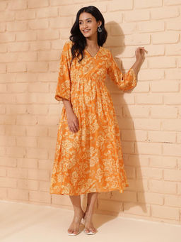 Fabindia - Orange Printed Midi Dress