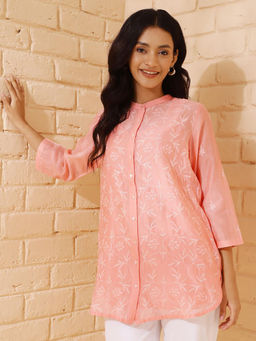 Fabindia - Peach Cotton Silk Chikankari Shirt