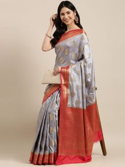 Sangam Prints - Grey Nylon Silk Woven Work Traditional Saree with Unstitched Blouse