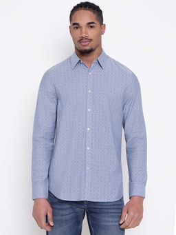 Guess - Men Blue Printed Spread Collar Shirt