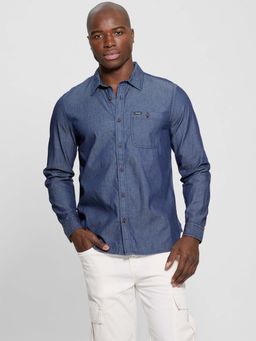 Guess - Men Blue Textured Spread Collar Shirt