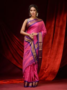 CHARUKRITI - Fuchsia Cotton Silk Checkered Zari Borders and Striped Pallu Saree with Unstitched Blouse