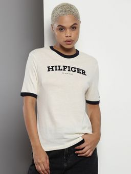Tommy Hilfiger - Off White Logo Regular Fit Cotton T-Shirt