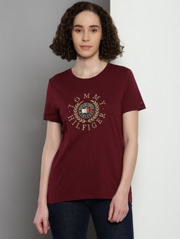 Tommy Hilfiger - Maroon Embroidered Logo Regular Fit Cotton T-Shirt