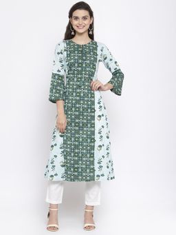 Indibelle - Cotton Green Floral Print A-line Kurta With Trouser (Set of 2)