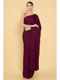 Soch - Maroon Satin Crepe Saree & Stone Embellishment with Unstitched Blouse