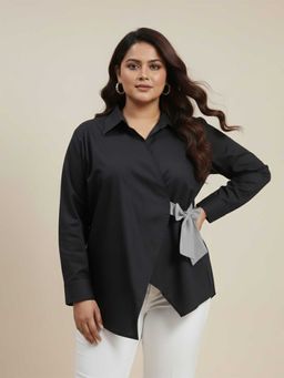 Qurvii - Black Poplin Wrap Around Shirt