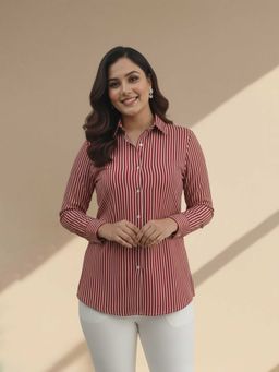 Qurvii - Red Stripe Crepe Full Sleeves Shirt