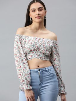 SHOWOFFFF - Women Off Shoulder Full Sleeves Floral White Crop Top