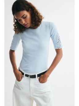 H&M - Women Blue Ribbed Lace-Inset Top