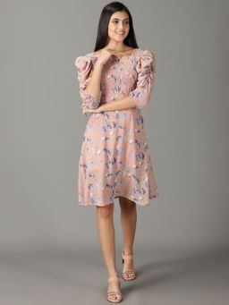 SHOWOFF - Womens Printed Square Neck Pink Knee Length Dress