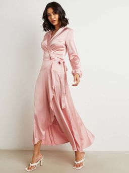 Styli - Pink Wrap Around Long Sleeves Maxi Dress With Tie Waist (Set of 2)