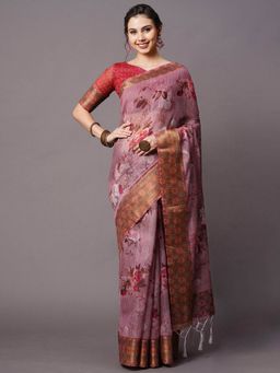 Odette - Purple Festive Linen Blend Printed Saree with Unstitched Blouse