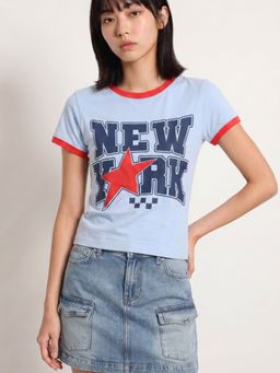 ONLY - Women'S Typographic Regular Fit Blue T-Shirt