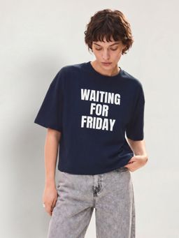 ONLY - Women'S Typographic Regular Fit Navy Blue T-Shirt