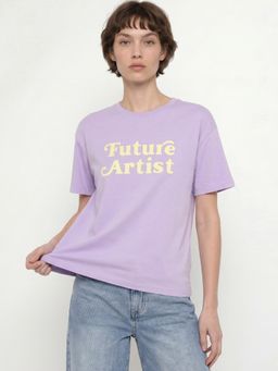 ONLY - Women'S Typographic Regular Fit Purple T-Shirt