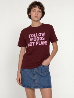 ONLY - Women'S Typographic Regular Fit Maroon T-Shirt