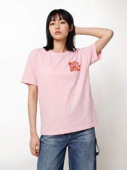 ONLY - Women'S Typographic Regular Fit Pink T-Shirt