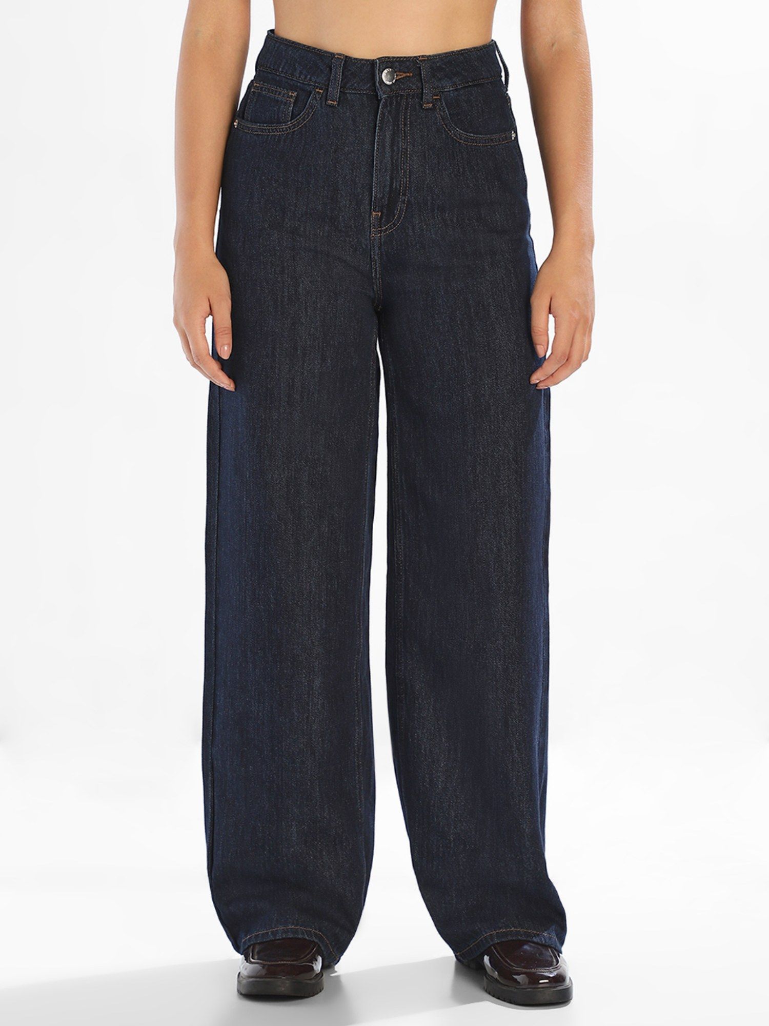 Women'S Solid Loose Fit Blue Jeans-image-5