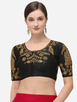 Amrutam Fab - Womens Embroidered Black Phantom Silk Stiched Blouse With Round Neck