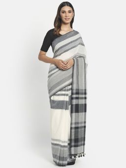 Fabindia - Off White Cotton Checks Woven Saree without Blouse