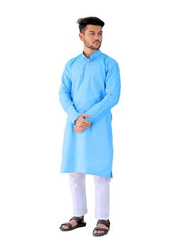 YOUTH ROBE - Blue Men Cotton Straight Fit Full Sleeve Kurta with Pyjama