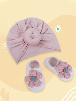Baby Moo - 3D Knot Turban Cap and Matching Floral Socks Set Pink