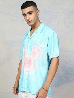 HIGHLANDER - Men Aqua Blue Mickey Printed Cuban Collar Relaxed Shirt
