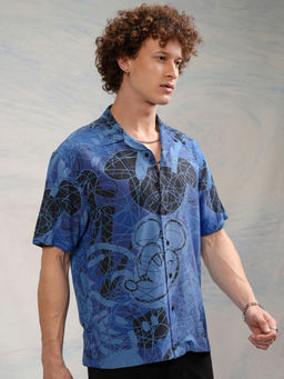 HIGHLANDER - Men Blue Printed Cuban Collar Viscose Relaxed Shirt