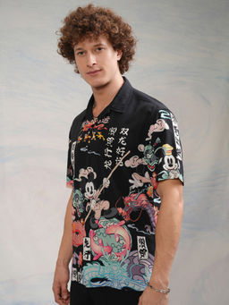 HIGHLANDER - Men Black Mickey Printed Cuban Collar Holiday Relaxed Shirt