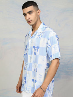 HIGHLANDER - Men Blue Mickey Printed Cuban Collar Viscose Relaxed Shirt